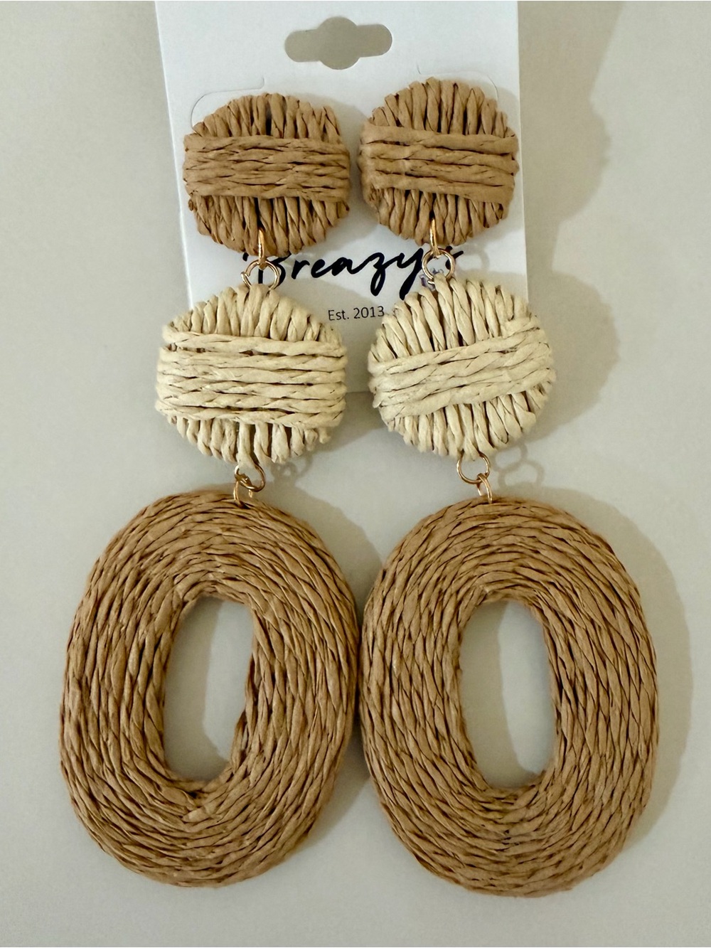 Source Unknown Woven Raffia Drop Earrings in Beige and Tan